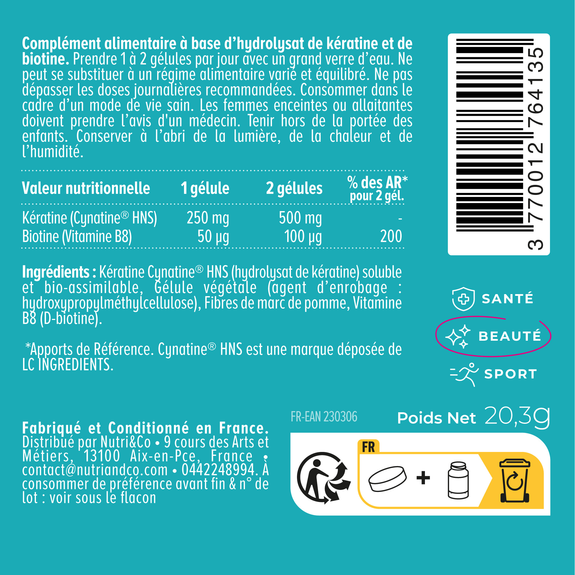 Nutri&Co Complexe Cheveux Kératine & Biotine Ongles et Cheveux - 60 gélules