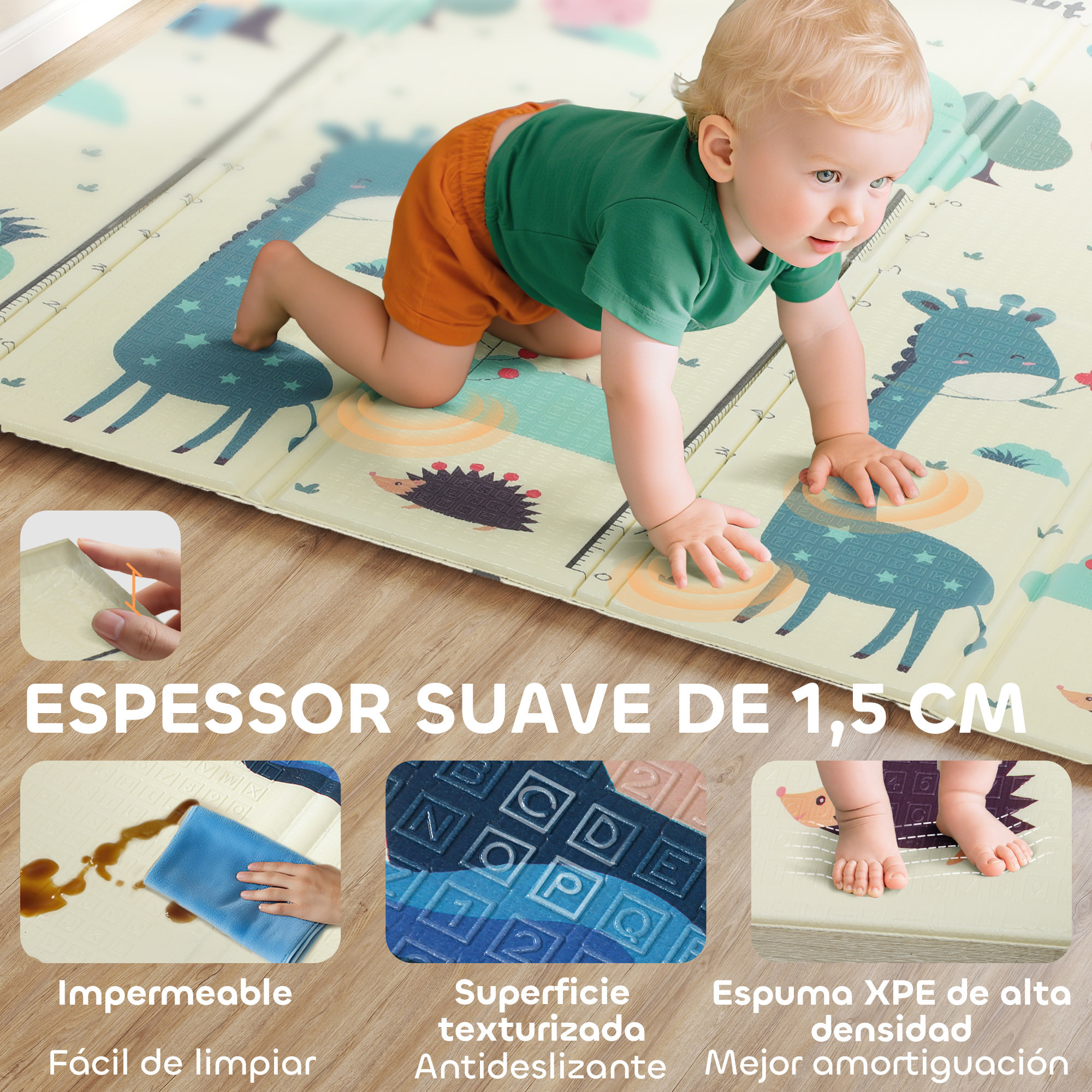 Alfombra Bebé Acolchada Plegable Reversible 196x176x1,5 cm Diseño de Ciervos y Ballenas Tapete de Actividades Bebé XPE Doble Cara Impermeable Multicolor