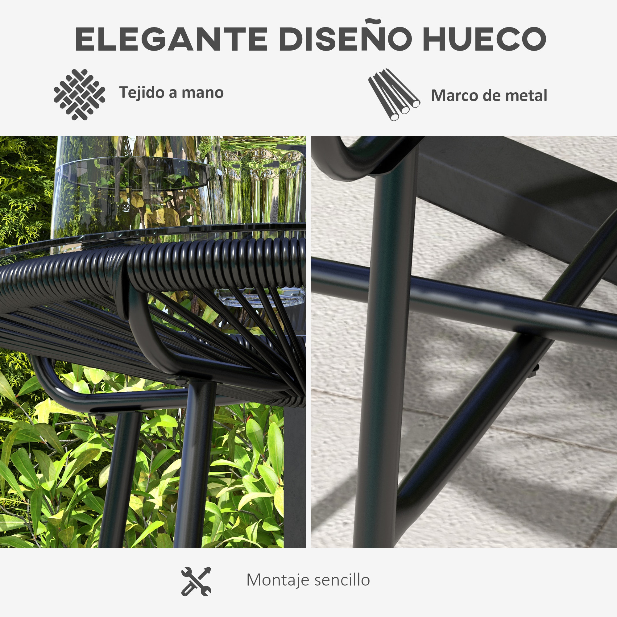 Mesa de Jardín de Ratán Sintético Mesa de Centro Redonda para Exteriores con Tablero de Vidrio Templado y Patas de Metal para Patio Balcón Ø50x50 cm Negro