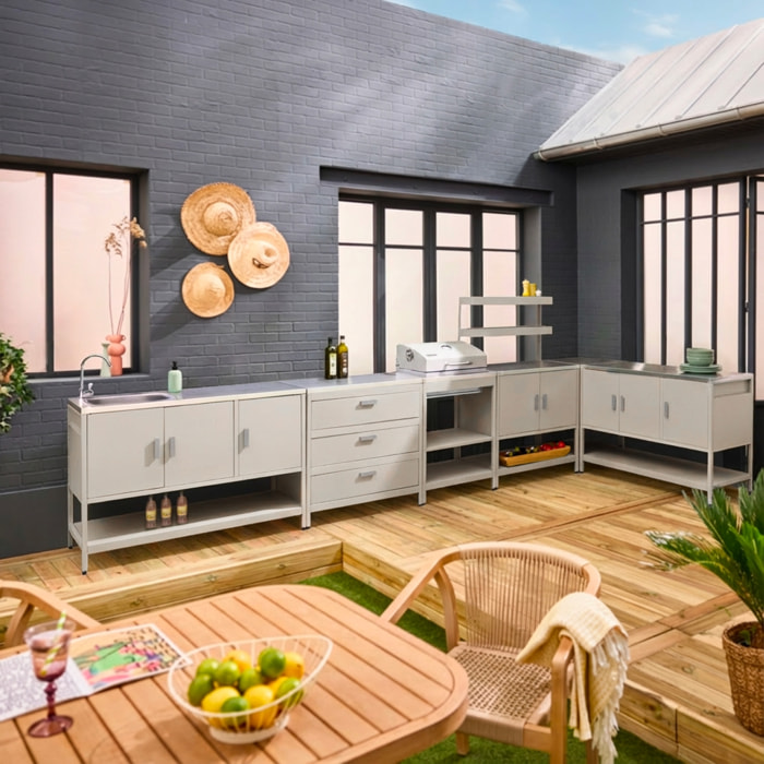 Cuisine extérieure Naxos 5 modules avec barbecue au charbon acier inoxydable beige