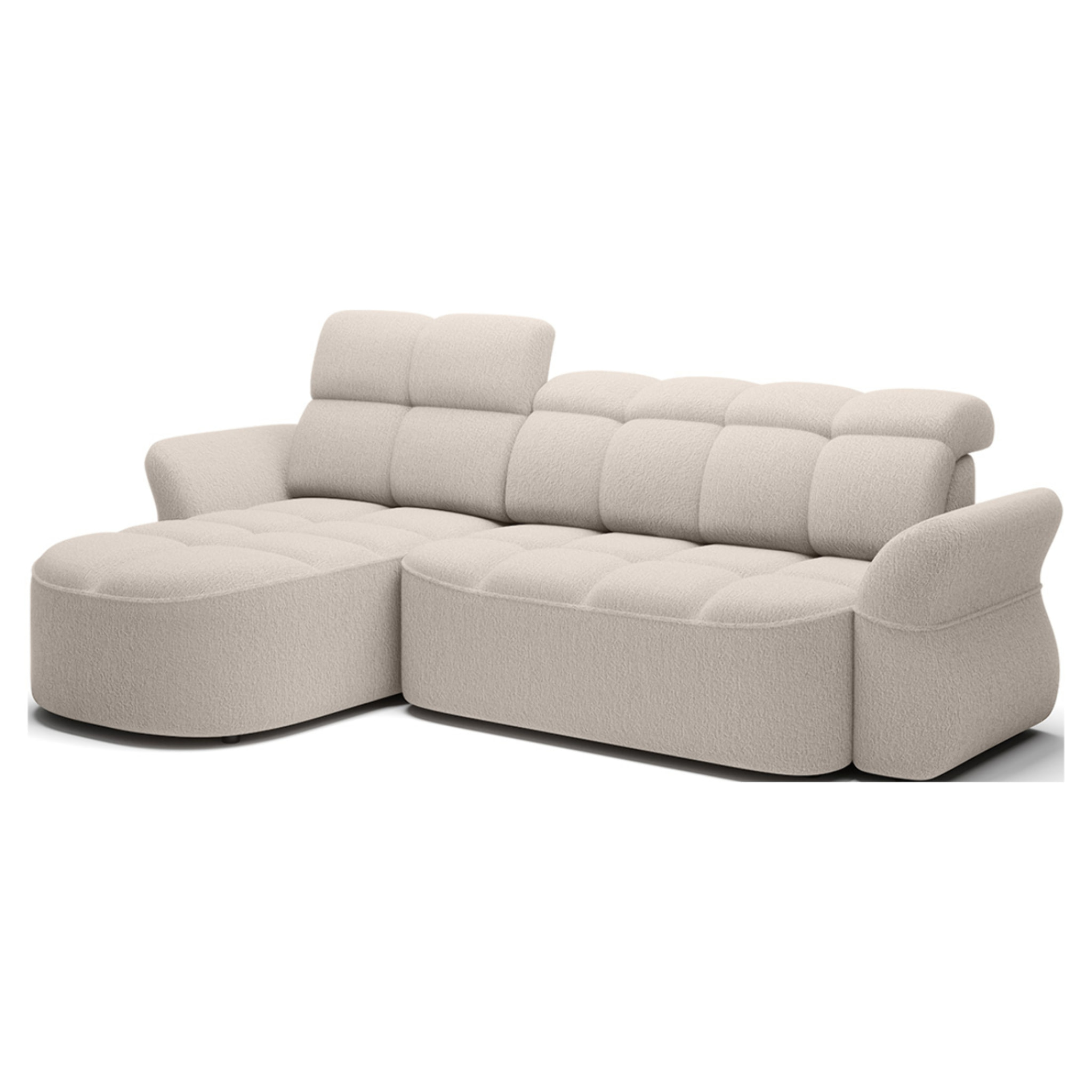 Brume - Canapé d'angle gauche 4 places convertible électrique avec coffre et têtières réglables en tissu bouclette - Beige