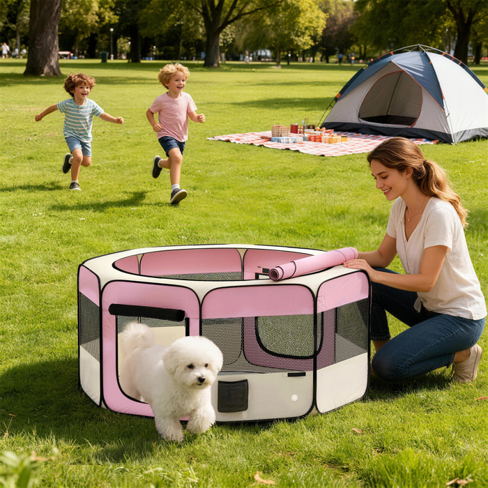 Parque Plegable para Perros y Gatos, Corralito Portátil para Animales Pequeños Impermeable de Tela Oxford con 2 Puertas, para Exterior e Interior, Ø120x58 cm, Rosa