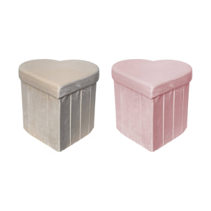 Lot de 2 tabourets-coffre pliables pour enfant avec assise en velours rose et en forme de cœur