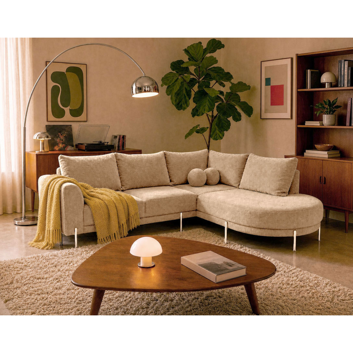 Gabin - Canapé d'angle droit 5 places en velours texturé - Beige
