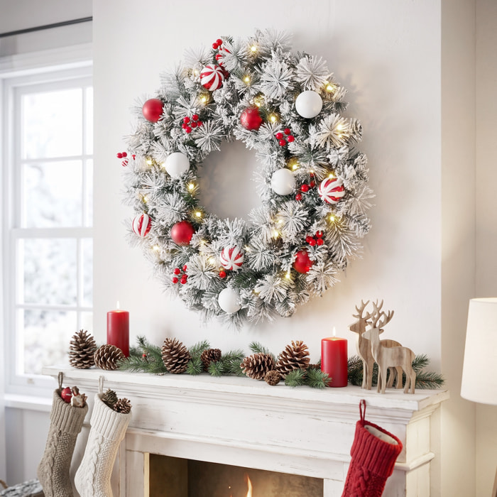 Couronne de Noël LED enneigée décorée dia. 60cm 50LEDs blanc chaud