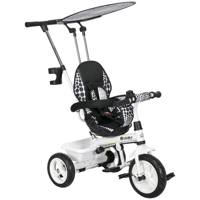 Tricycle enfant pare-soleil pliable canne amovible benne rangement acier blanc noir