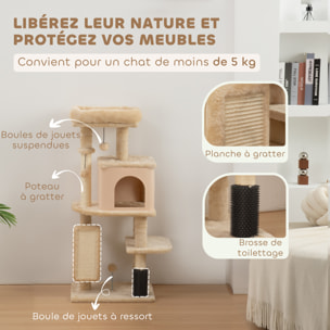 Arbre à chat design beige H.132cm bande massante griffoirs grattoirs nombreux jouets