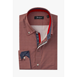 Camicia Uomo 2 Bottoni Button Down Slim Popeline Stampato Bordeaux e Panna