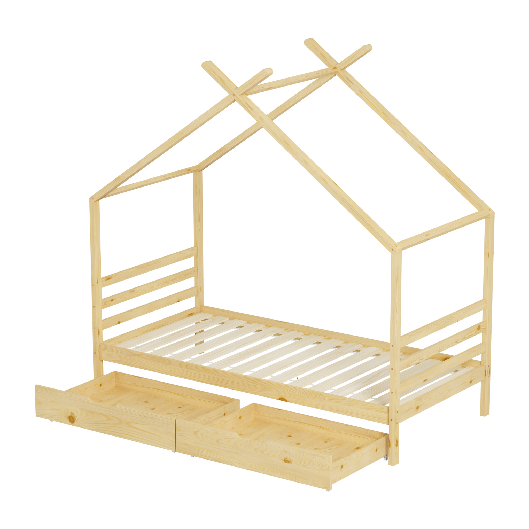 Lit Cabane Bambino, couchage 90x190 cm, Bois de Pin Naturel, Sommier inclus, Avec 2 Tiroirs de rangement