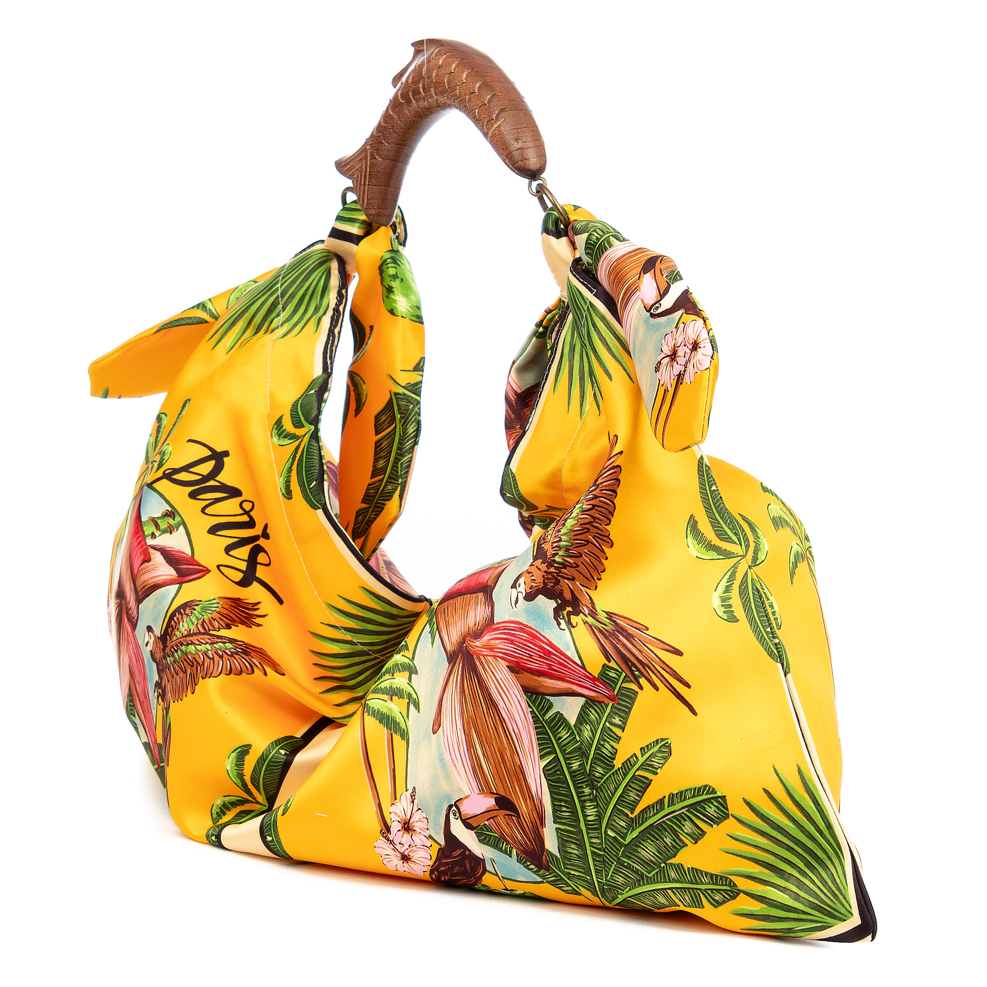 Bereguardo Bolso de hombro Mujer. Fabricado en tejido suave estampado con tintes naturales con asa de madera.