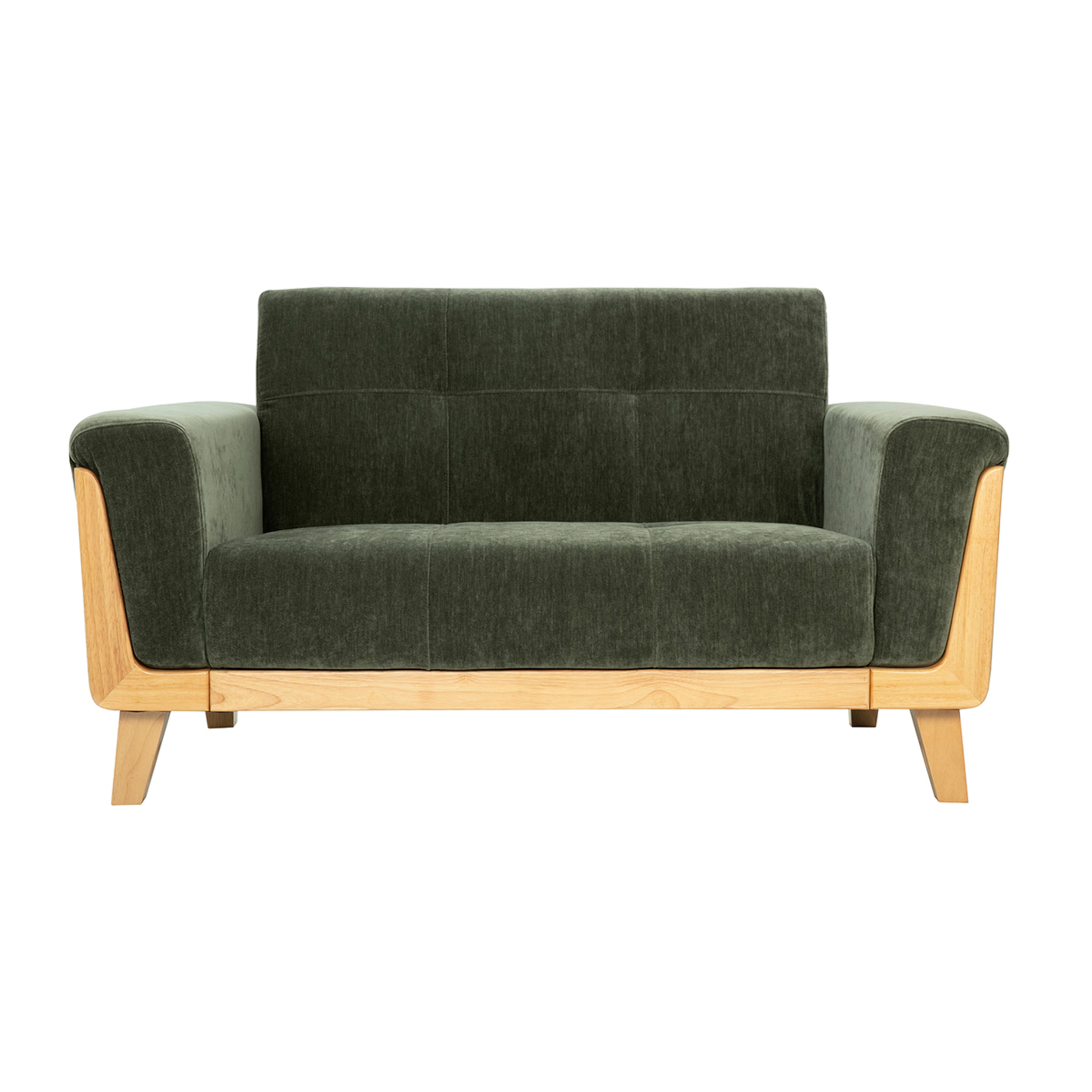 Canapé scandinave 2 places en tissu effet velours vert kaki et bois clair FJORD