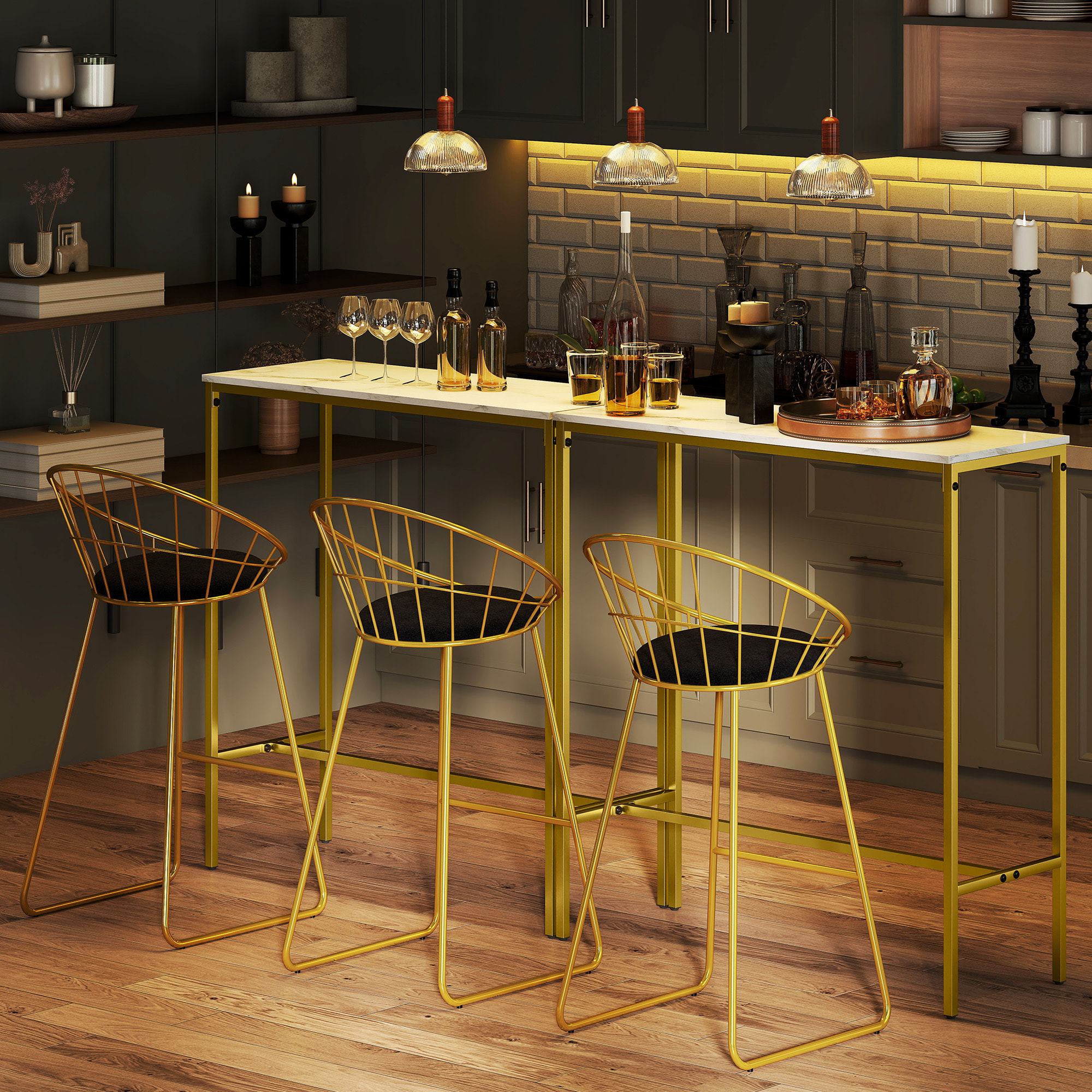 Table de bar mange-debout table haute dim. 100 x 40 x 107 cm acier doré plateau effet marbre blanc