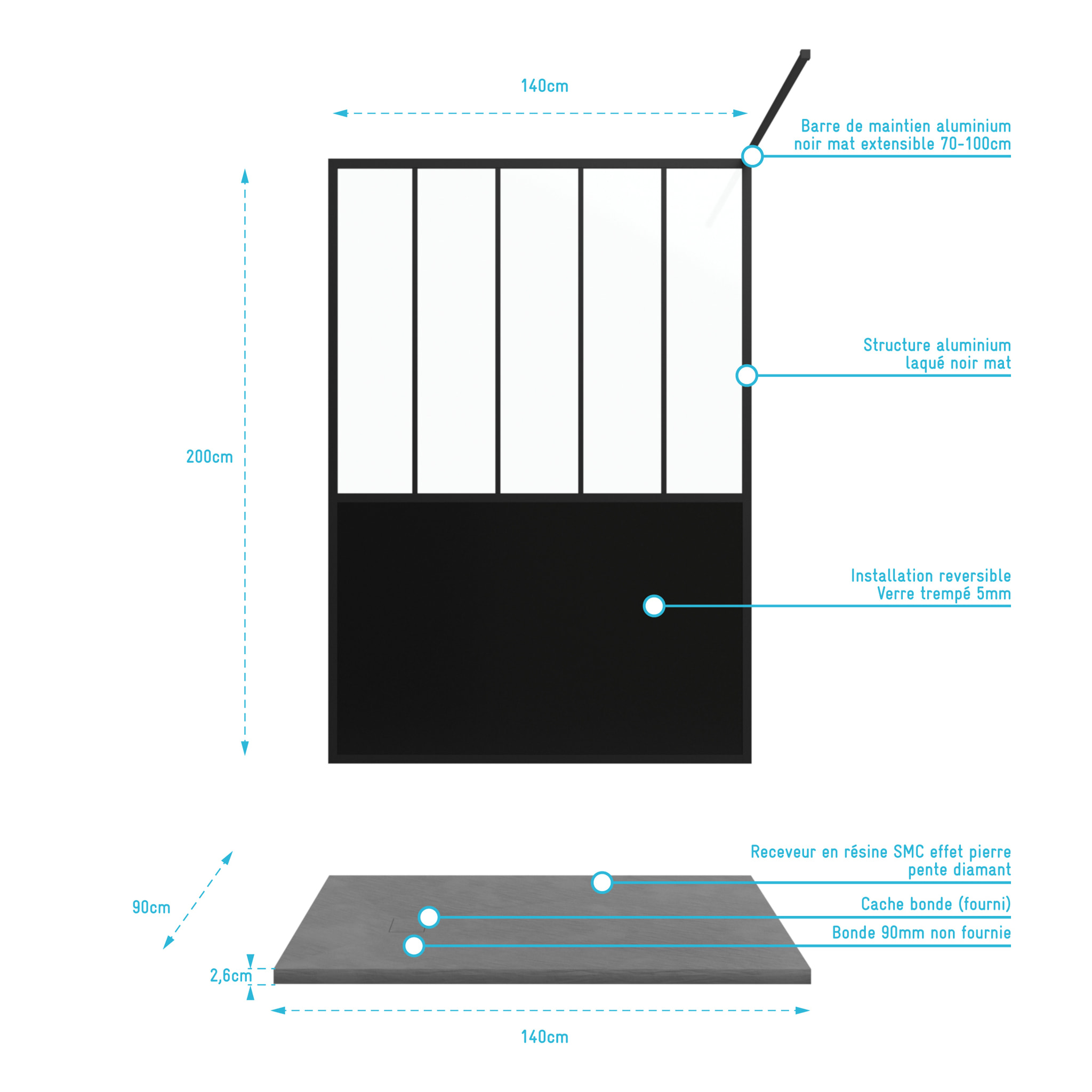 Pack Paroi de douche 90x200 cm noir mat + RECEVEUR DE DOUCHE A POSER EN RESINE SMC