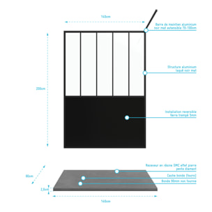 Pack Paroi de douche 90x200 cm noir mat + RECEVEUR DE DOUCHE A POSER EN RESINE SMC