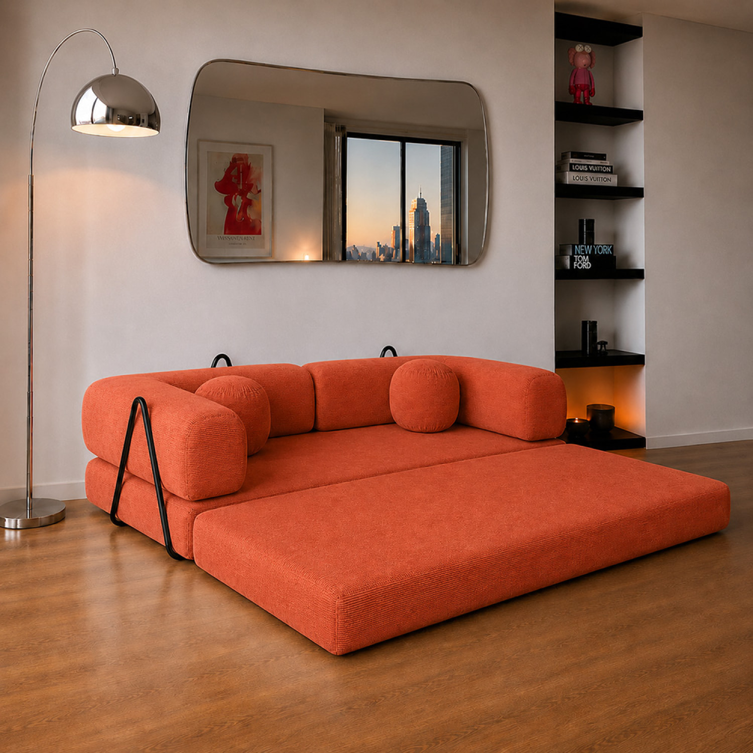 Canapé compressé convertible modulable 3 places en velours côtelé terracotta DEAN
