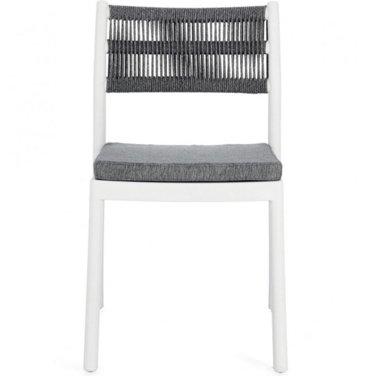 Set di 4 sedie ALVIN in polipropilene bianco e corda intrecciata grigio scuro, impilabili