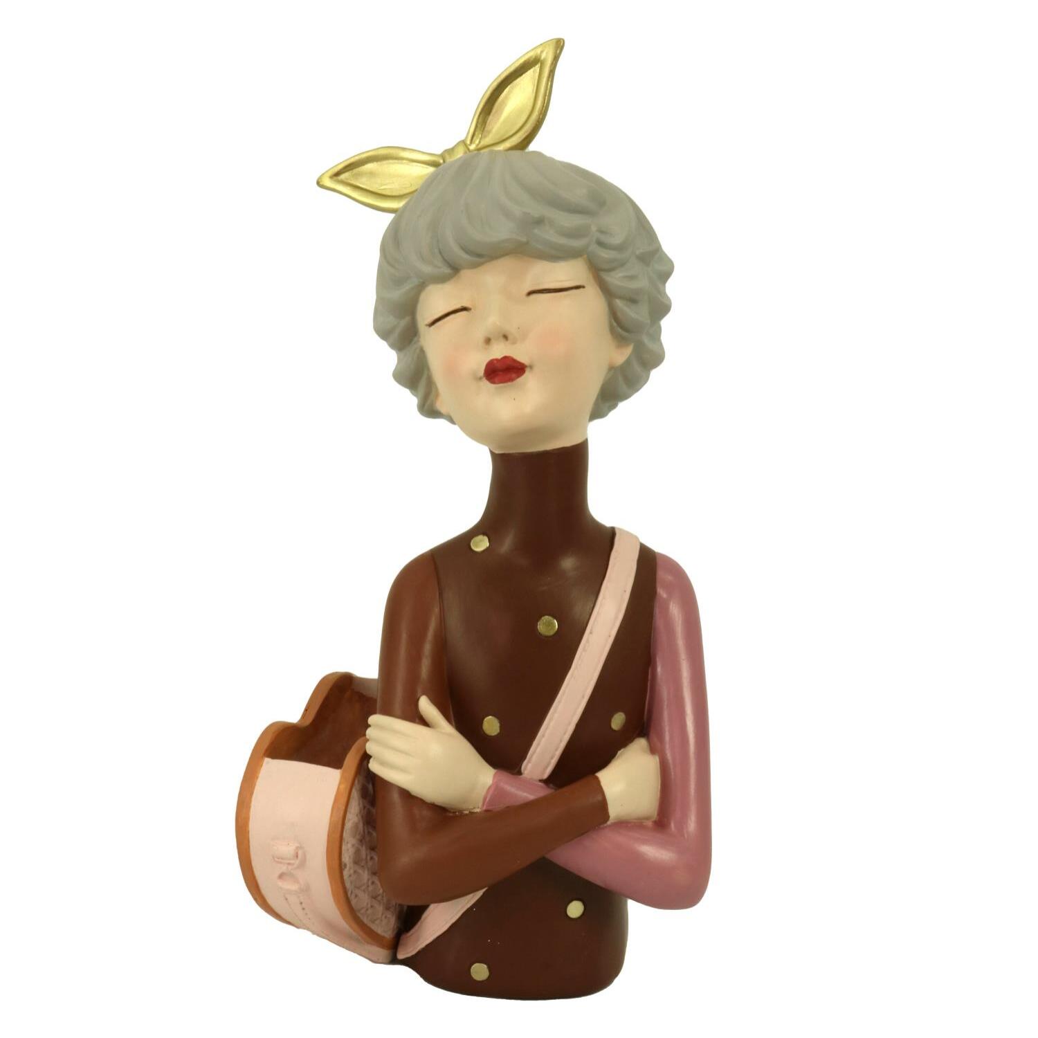 Donna in resina con borsa portafiori marrone cm17x13h35