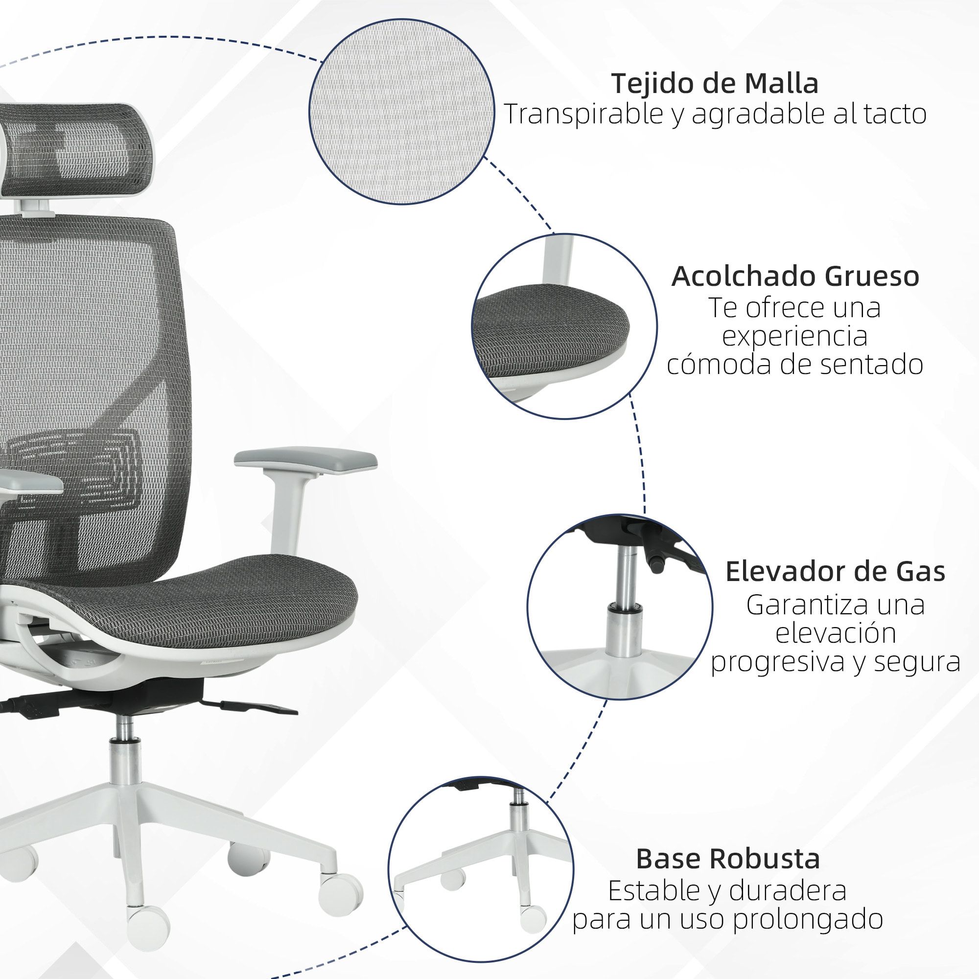 Silla de Oficina Giratoria Silla de Escritorio Ajustable en Altura con Reposabrazos Reposacabezas y Soporte Lumbar Regulables Respaldo Alto 67x65x120-128 cm Gris