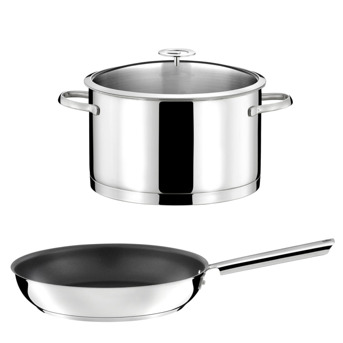 Elysée - Set di pentole da 3 pezzi : Pentola Ø 24 cm, padella rivestita Ø 28 cm, 1 coperchio e manico rimovibile