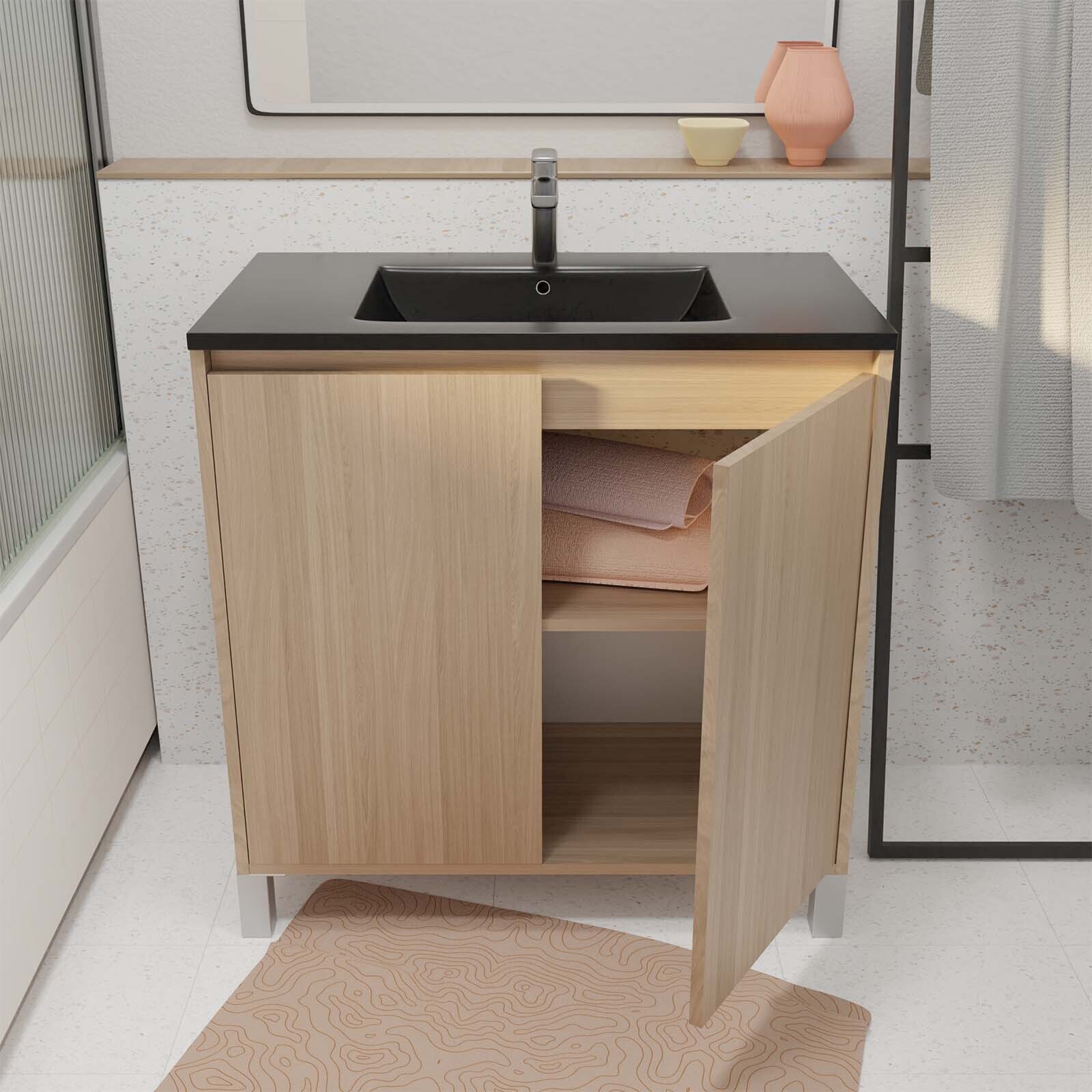 Meuble de salle de bains 80 cm 2 Portes Chêne Clair + Vasque Céramique Noire - XENOS