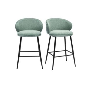 Tabourets de bar design en tissu effet velours texturé céladon et métal noir (lot de 2) ROSALIE