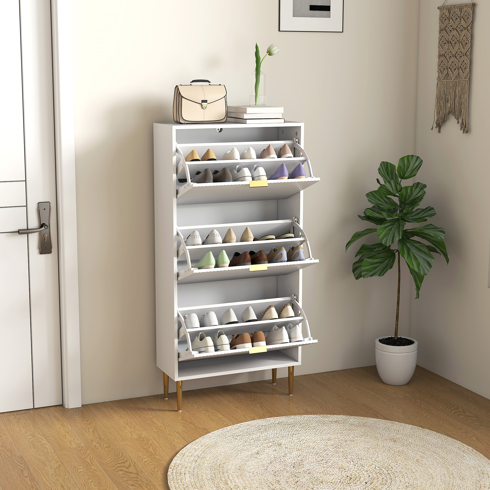Meuble à chaussures style Art déco 3 portes piètement poignées métal doré 60 x 24 x 128 cm blanc