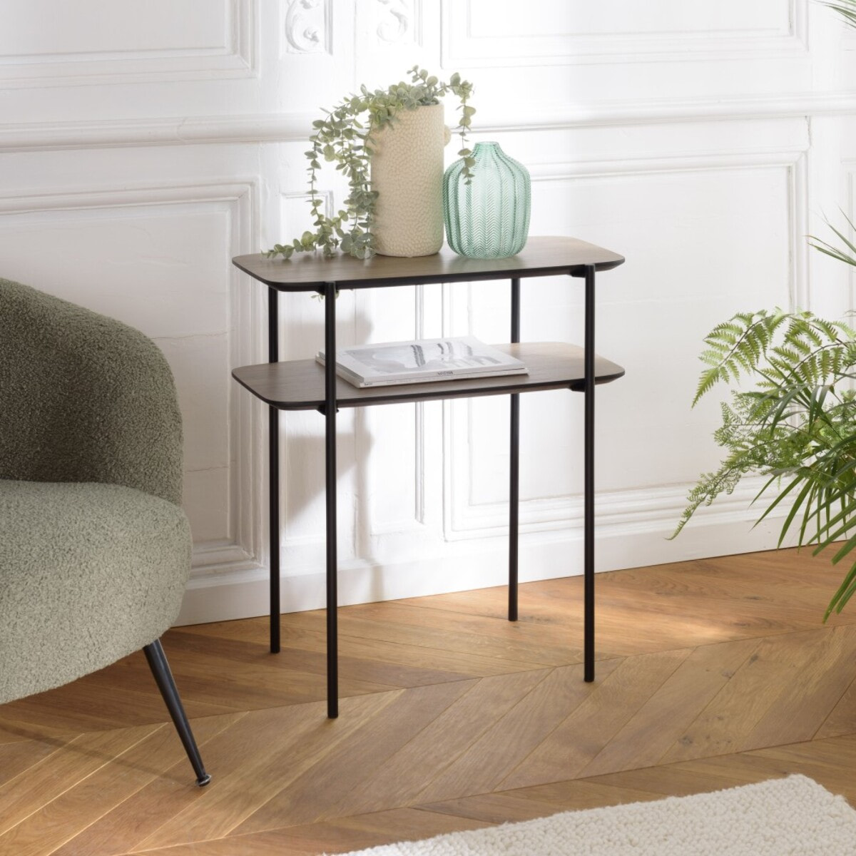JULIA - Table d'appoint double plateau couleur mocha pieds métal noir