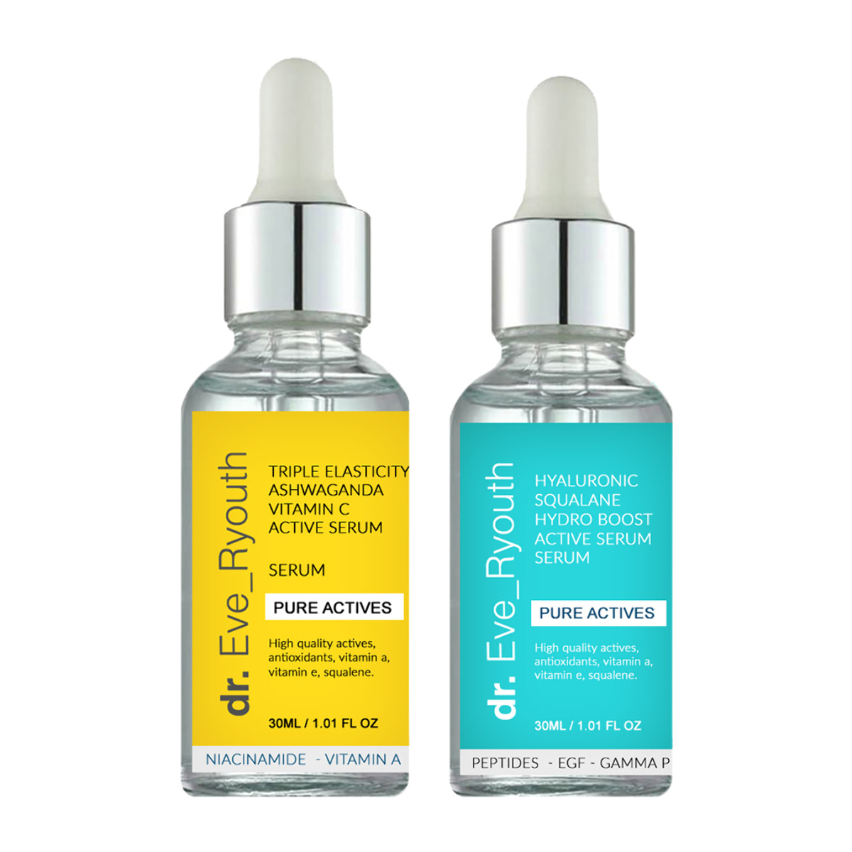 Suero activo Hydro Boost de ácido hialurónico Squalane 30 ml + Suero activo potente con triple elasticidad Ashwaganda Vitamin C 30 ml