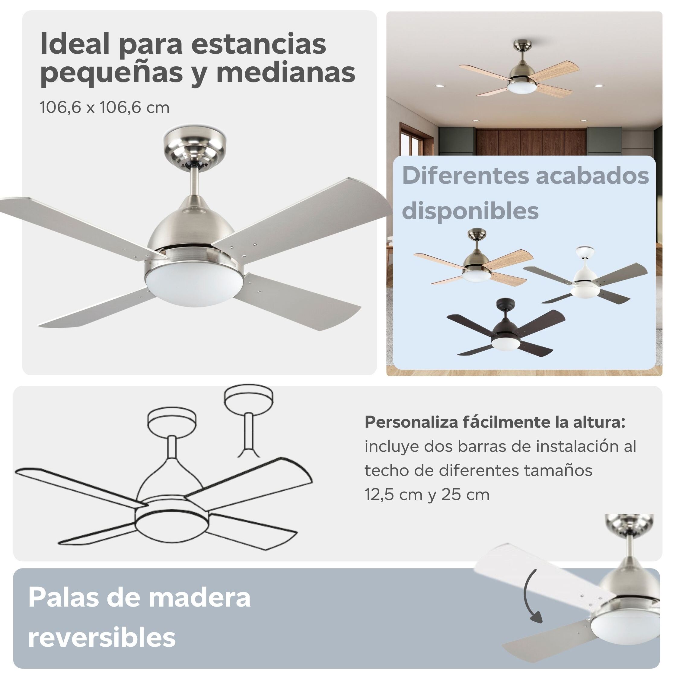 Forlight Ventilador IP20 Borneo E27 15W Niquel Santinado Blanco