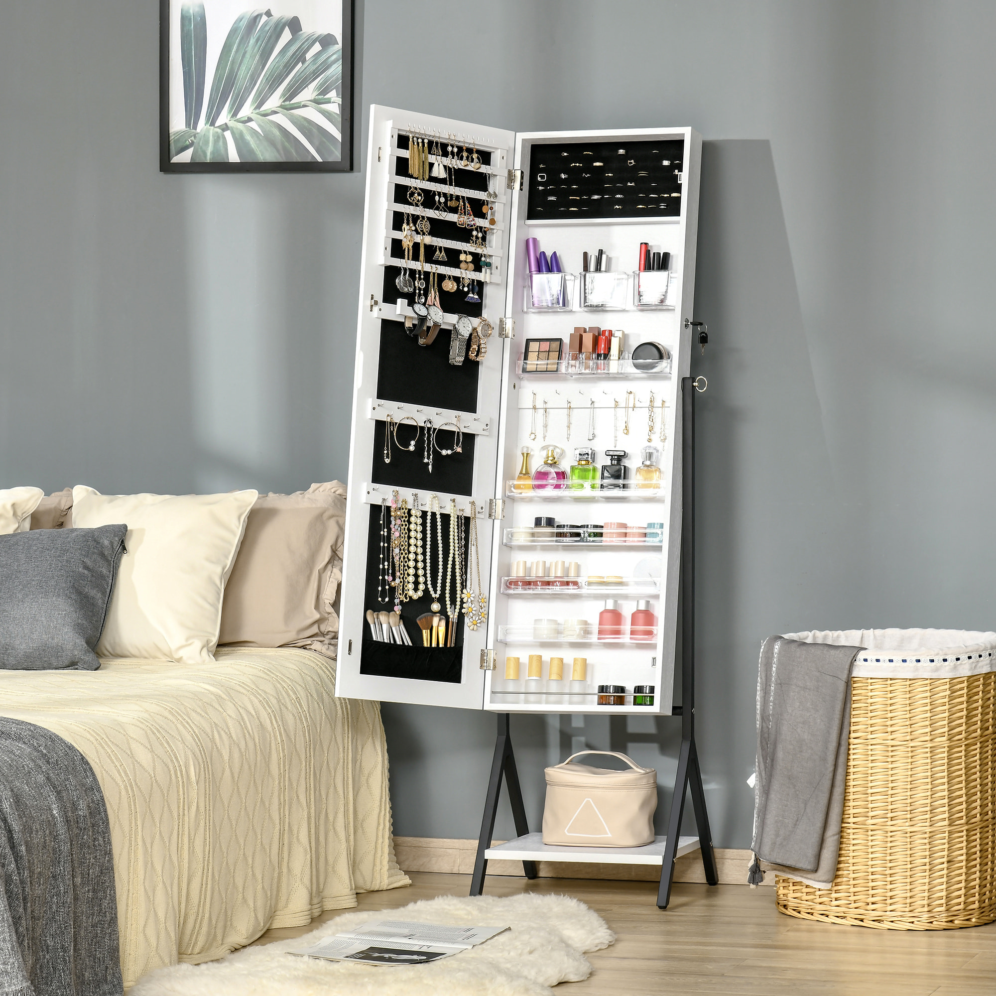 HOMCOM Espejo Joyero de Pie Cuerpo Entero Ajustable en ángulo Armario de Joyería con Estante Inferior Cerradura Magnética Ranuras y Cajas para Joyas 47x36x157 cm Blanco y Negro