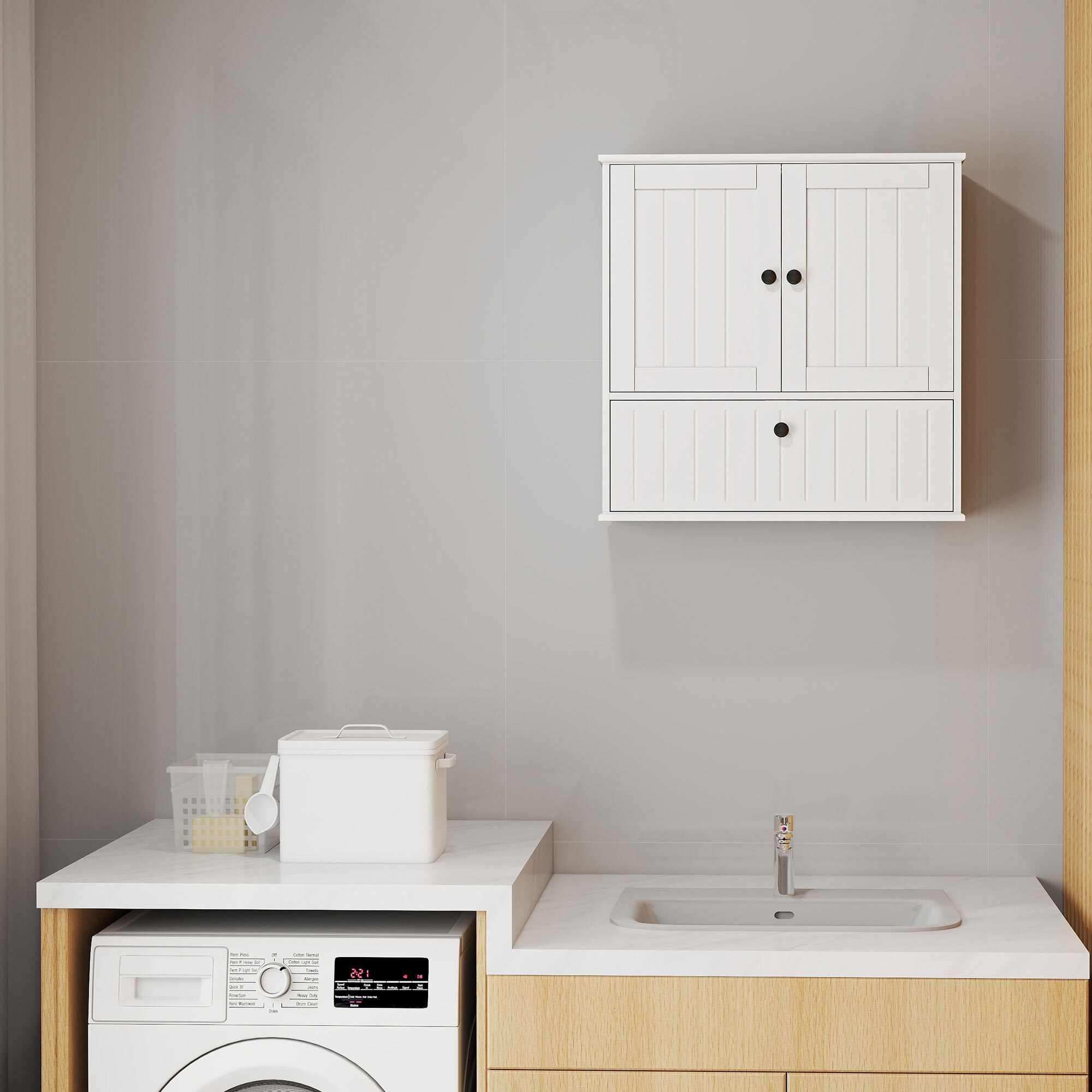 Armario de Baño de Pared, Mueble de Baño Colgar Rústico con Estante Ajustable, Doble Puerta, Puerta Abatible y Cierre Magnético, para Cocina, Lavadero, sobre el Inodoro, Blanco