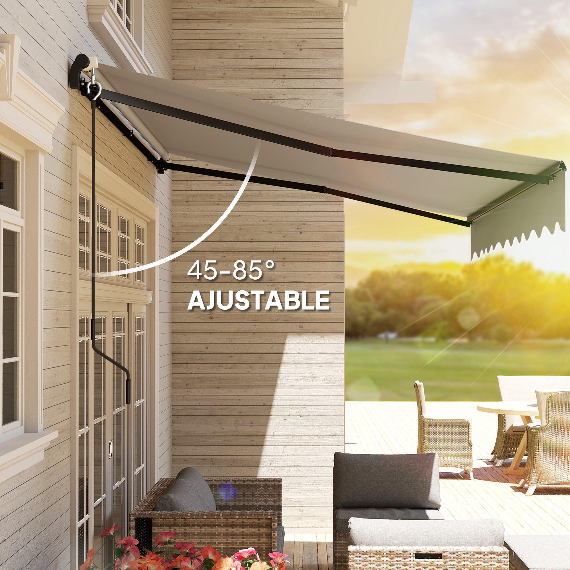 Toldo Manual Retráctil 360x220 cm Toldo para Balcón con Manivela de Aluminio 3 Brazos y Protección UV30+ Toldo Enrollable de Exterior para Jardín Terraza Ventanas Crema