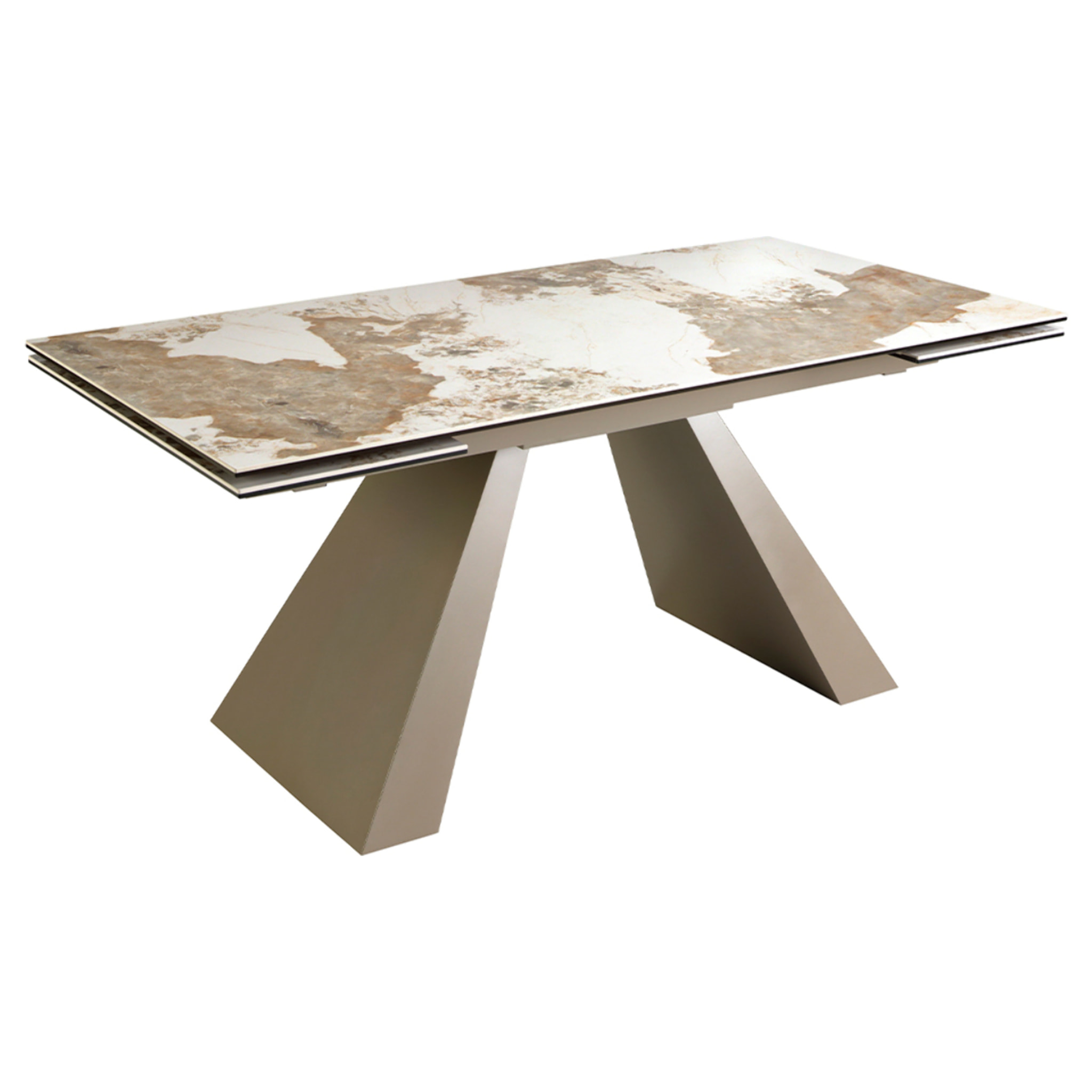 Mesa comedor extensible rectangular con tapa de mármol porcelánico blanco con vetas en tonos tierra en acabado brillo 180x90x76cm