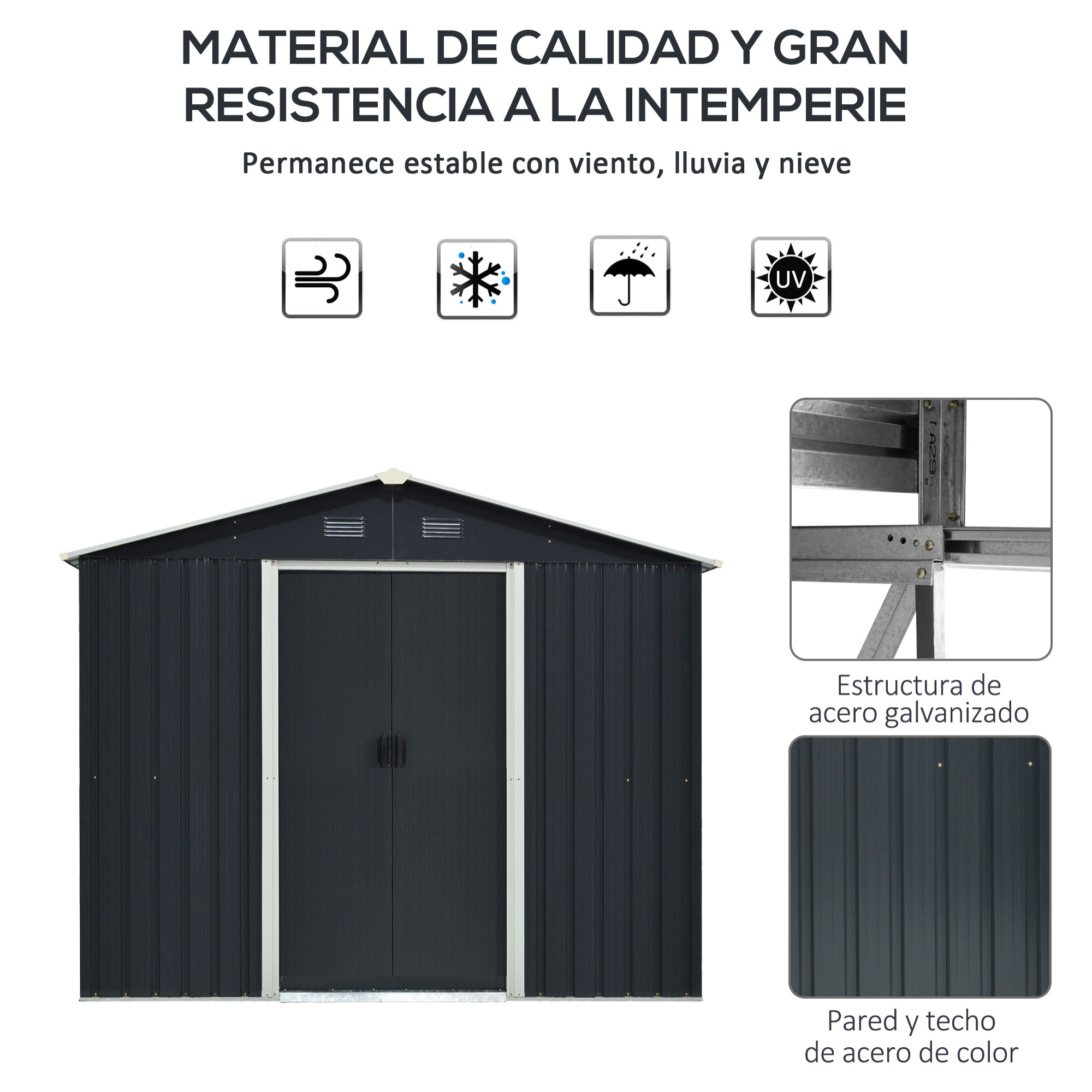 Caseta de Jardín de 4,1 m² 236x174x190 cm Cobertizo Exterior para Almacenar Herramientas con Puertas Correderas y 4 Ventanas para Terraza Patio Gris