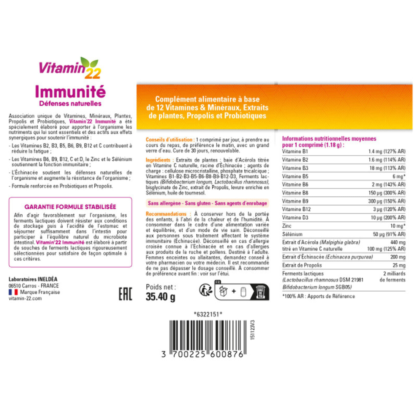VITAMIN'22 - Immunité - Vitamines, Minéraux, Échinacée et Propolis - Renforce les défenses immunitaires et réduit la fatigue - Cure de 30 jours