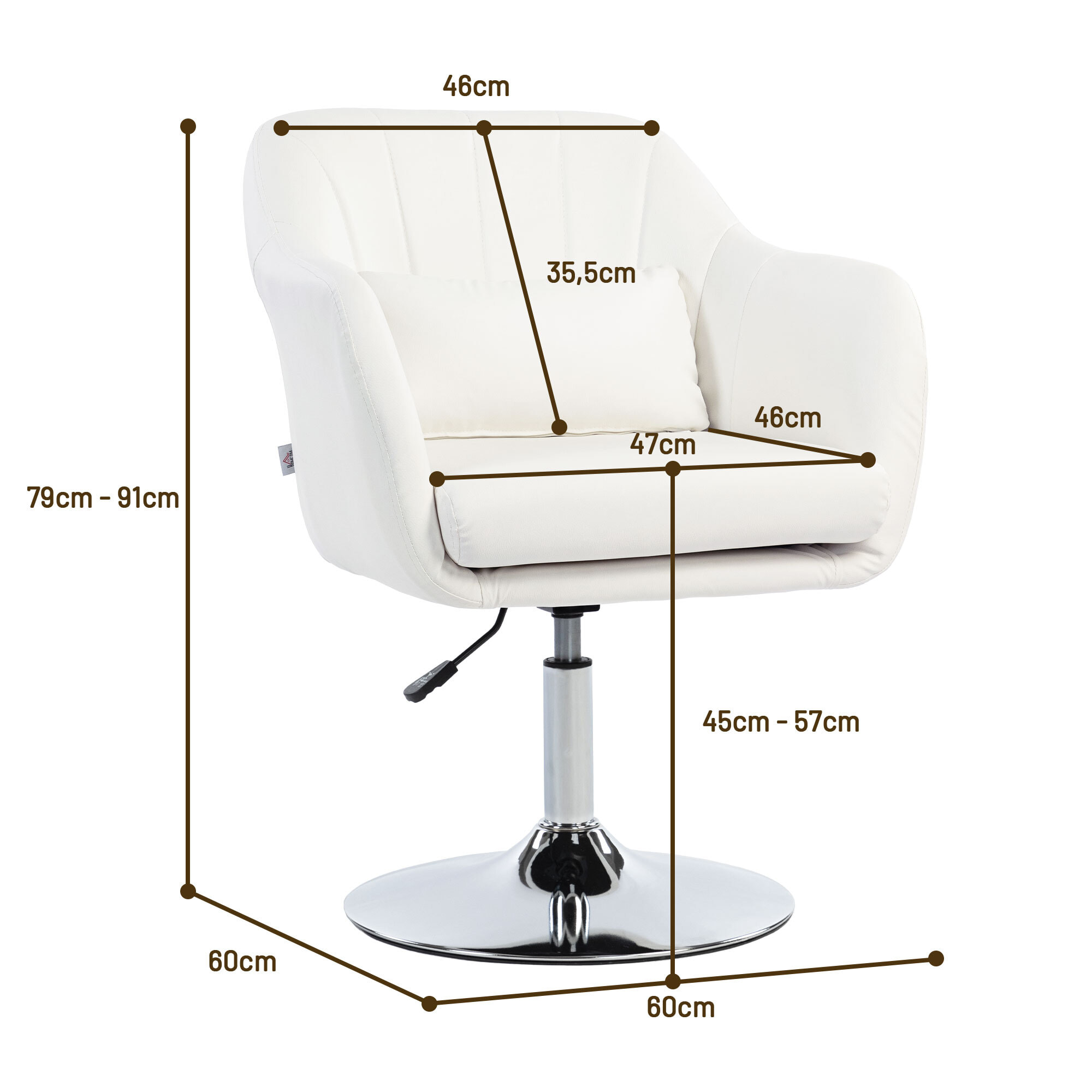 Butaca de Dormitorio Moderna Butaca de Salón Giratoria Tapizado en PU con Altura Ajustable Reposabrazos y Cojín Butaca para Sala de Estar Blanco