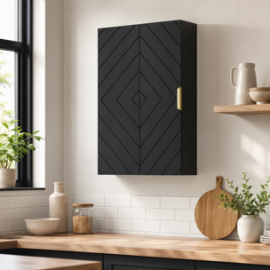 Armoire murale de salle de bain - porte, 2 étagères - poignée métal doré MDF noir