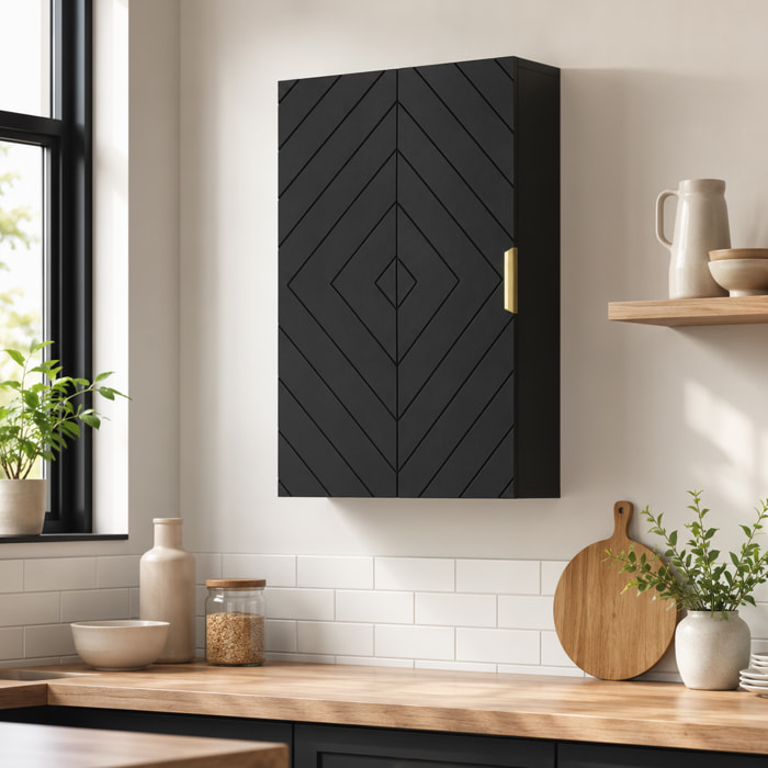 Armoire murale de salle de bain - porte, 2 étagères - poignée métal doré MDF noir