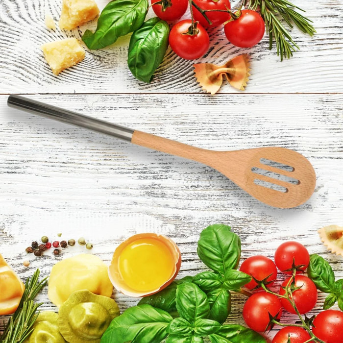 Cuillère en bois ajourée avec manche inox 34 cm en tout Fackelmann Boissellerie