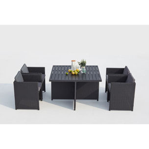 Table et chaises 4 places encastrables alu et résin noir-gris ABASA