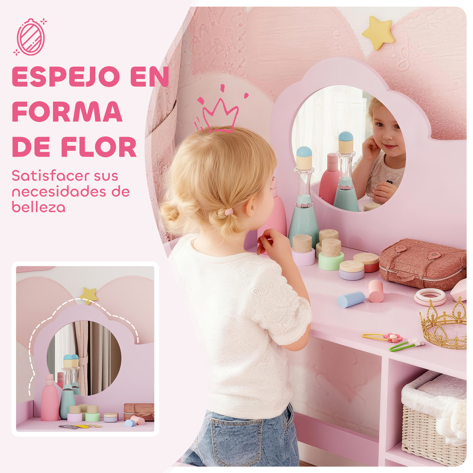 Tocador de Maquillaje Niña, 2 en 1, Escritorio, Tocador Infantil con Taburete, Espejo en Forma de Flor, Estantes Abiertos, para Niños +3 Años, Morado