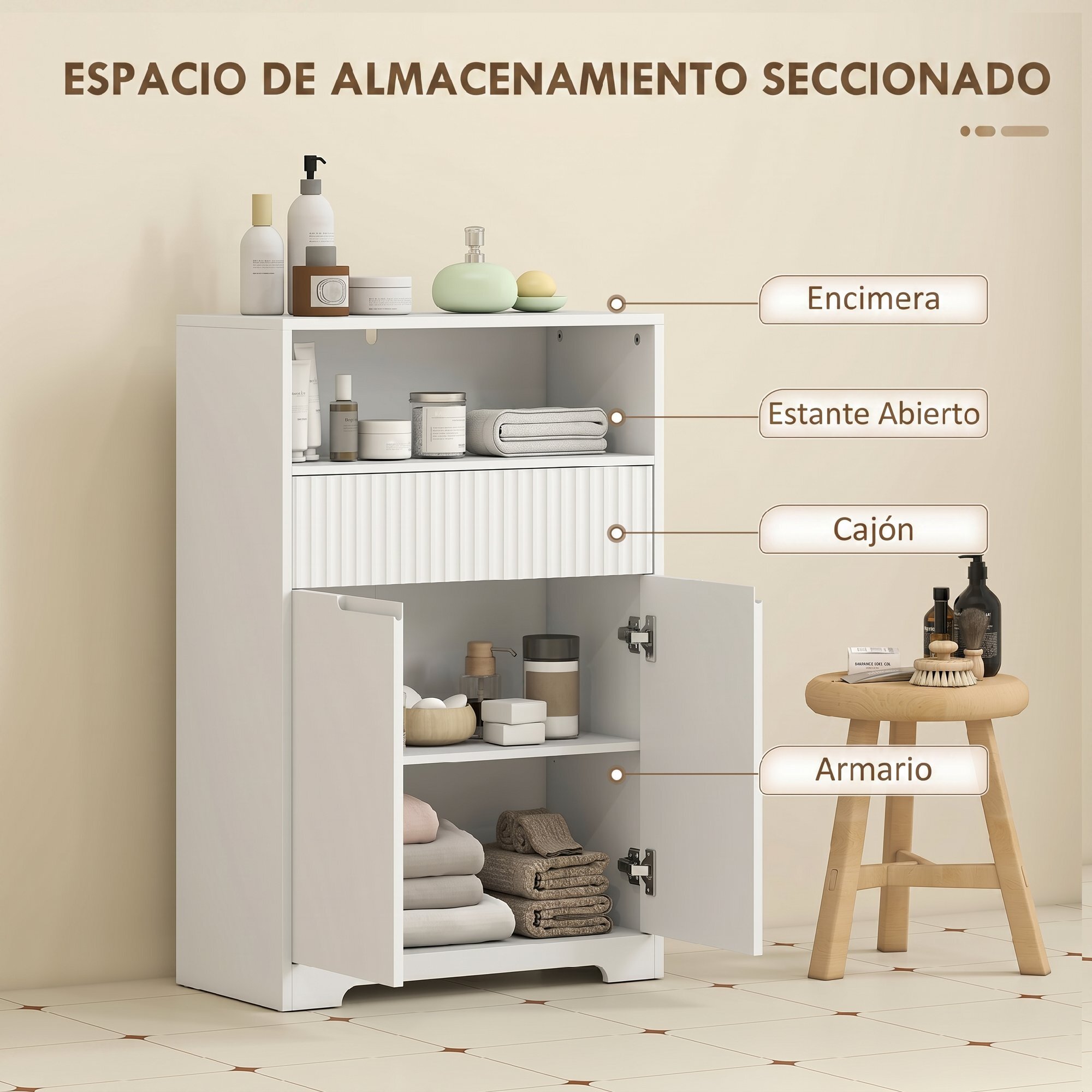 HOMCOM Armario de Baño Estrecho, Mueble de Baño con Cajón de Frontal Acanalado, Estante Abierto, 2 Puertas y Estante Ajustable, Estilo Moderno, 60x30x91,5 cm, Blanco