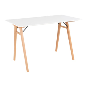 Scrivania Vojens bianca con gambe in legno naturale, 120×60×75 cm