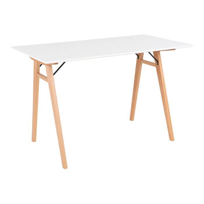 Scrivania Vojens bianca con gambe in legno naturale, 120×60×75 cm