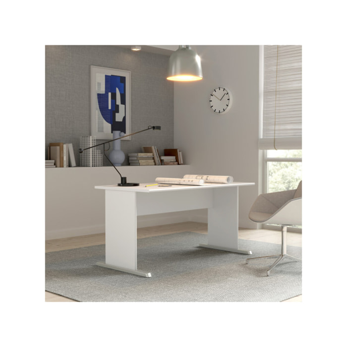 Bureau L. 144 cm décor blanc avec piètement effet aluminium - MIA