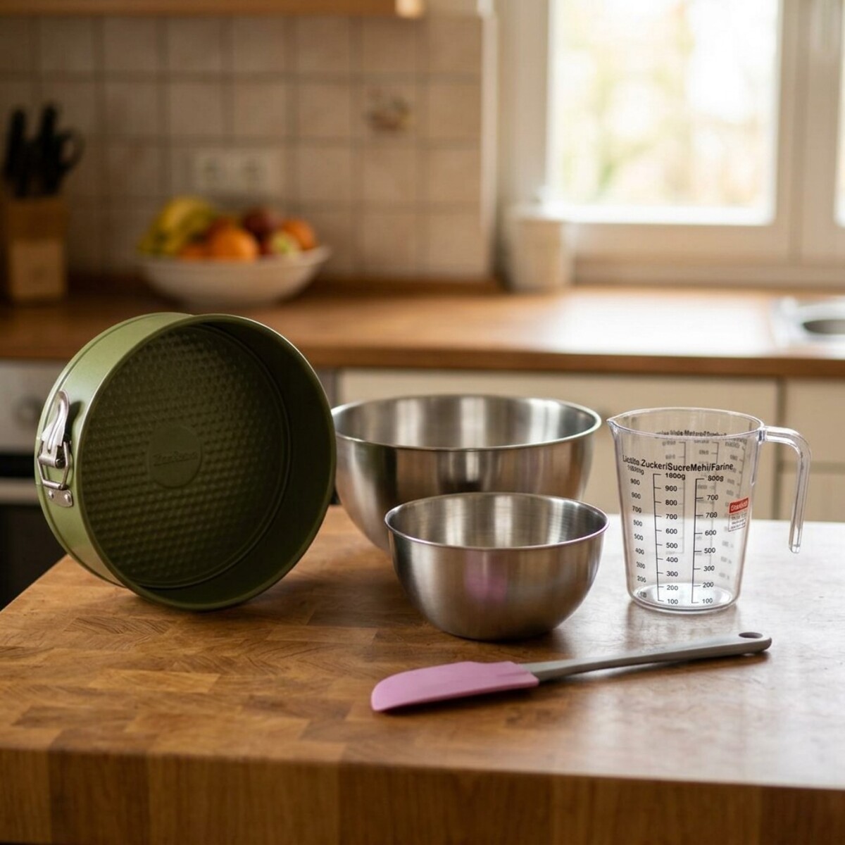 Set pâtisserie avec moule à manqué revêtement cire de carnauba, 2 bols à mixer, verre mesureur et spatule Zenker