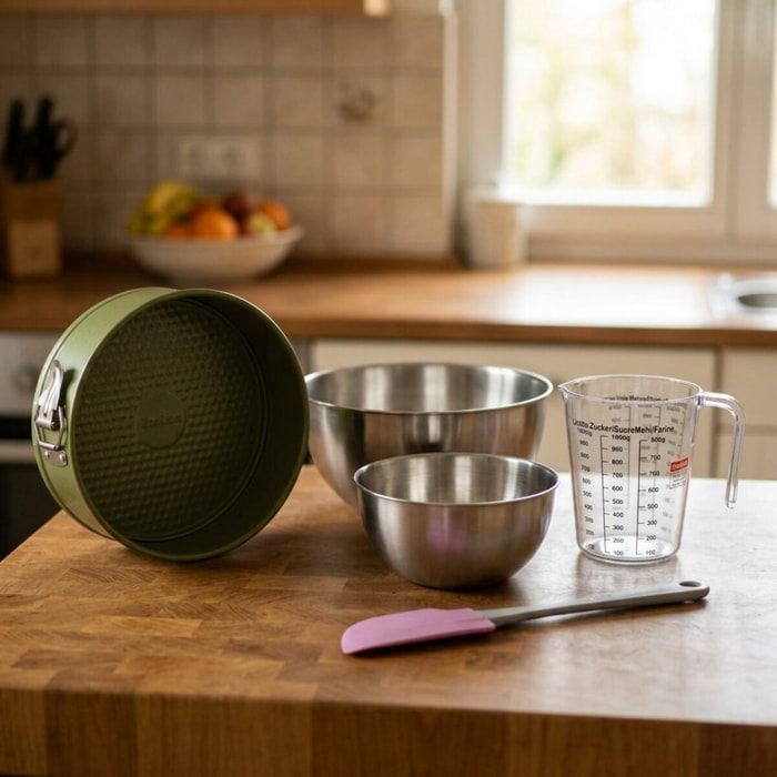 Set pâtisserie avec moule à manqué revêtement cire de carnauba, 2 bols à mixer, verre mesureur et spatule Zenker