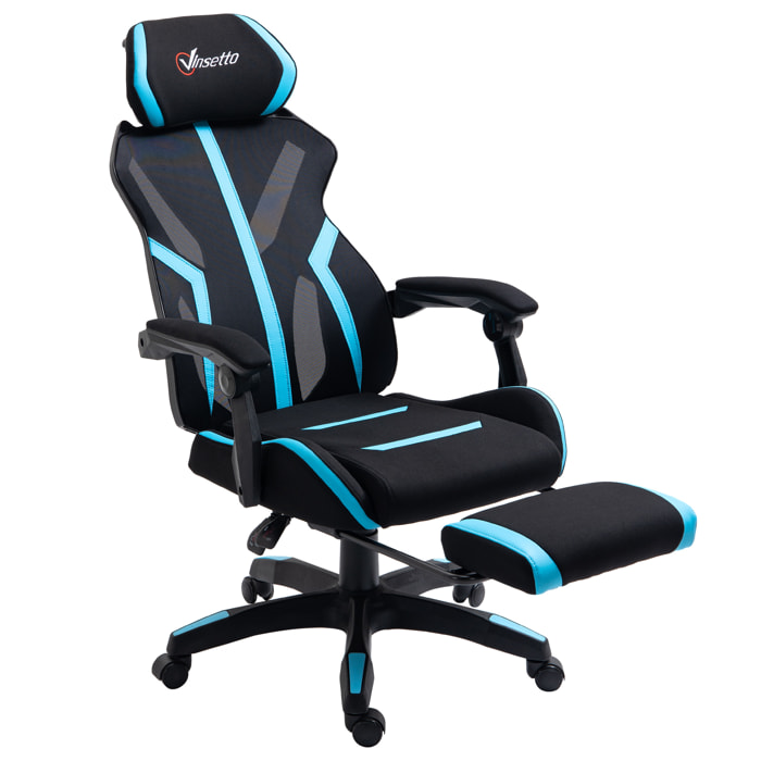 Vinsetto Silla Gaming con Reposapiés Retráctil Silla de Oficina Giratoria Reclinable con Reposacabezas y Altura Ajustable 65x65x119-129 cm Negro y Azul