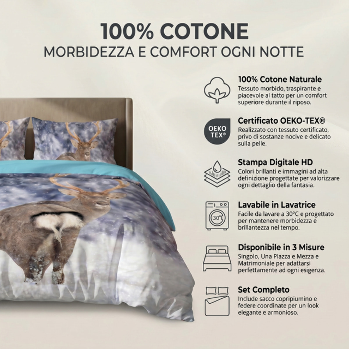 Parure Copripiumino in 100% Cotone con Federe Coordinate, Morbida e Traspirante, Certificata OEKO-TEX, Fantasie Moderne per Camera da Letto