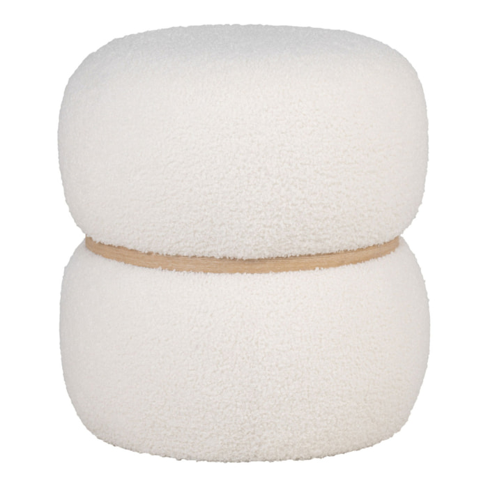 Pouf Milford in teddy bianco con fascia in legno naturale ø38 cm